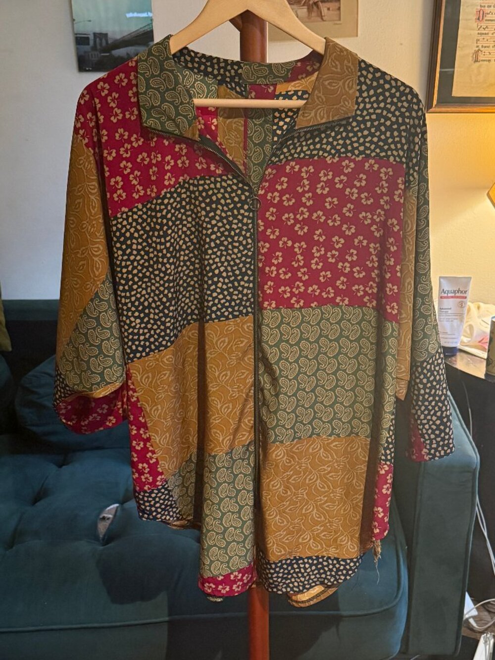 Unique Vintage 90s Unisex Patchwork Print Zip Front Oversized Shirt